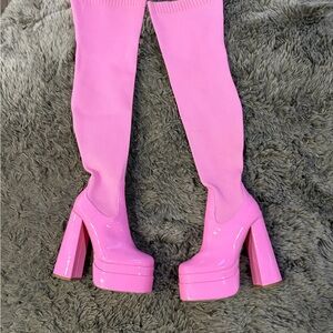 Vibrant Pink Over the Knee Platform Boots
